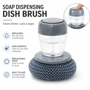 Soap Dispensing Dish Brush, Non-Scratch Kitchen Scrubber with Refillable Liquid Soap Dispenser, Replaceable Head Dishwashing Brush for Pots, Pans & Dishes