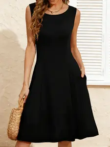 WEACZZY Womens Summer Sleeveless Dresses Boat Neck A-Line Casual Elegant Cocktail Dress with Pockets