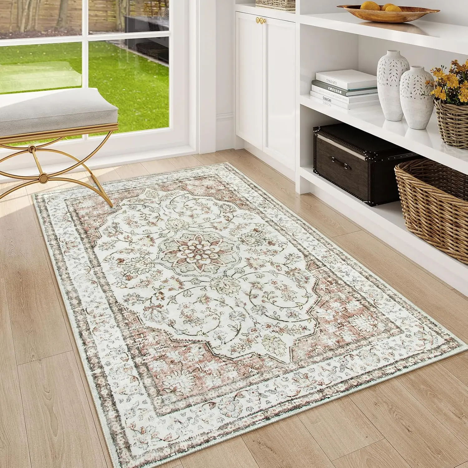 Oriental Throw Rug,3x5 Kitchen Rugs Non-Slip Washable,Ultra-Thin Boho Entryway Rug Indoor Entrance,Traditional  Bathroom Rugs and Mats Soft for Bedroom Living Room,(3x5ft,Terracotta)