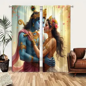 2pcs Window Curtains, Krishna and Radha in a loving embrace. Krishna, blue-skinned with a flute, and Radha, adorned with flowers and gold, stand under a soft, glowing sky.Window Drapes for Bedroom Living Room, Rod Pocket Window Treatment