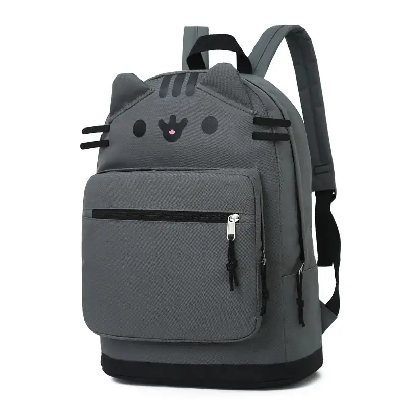 Summer vibesKawaii Pusheen Cat Backpack – 3D Ear Plush Design, Waterproof Grey Student Bookbag, Large Capacity Casual Daypack for Girls Teens, Back to School & Travel