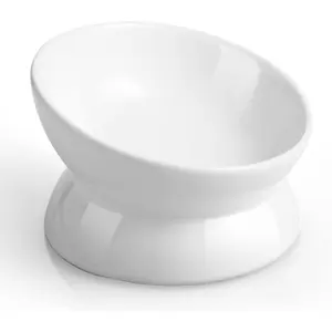 Elevated Cat Food Bowl, 5 Oz Ceramic Raised and Tilted Water Bowl, Anti Vomiting and Protect Pets' Spines Dishes for Small Dog, Fat Faced Cat, Kitten (White, 1 Pack)