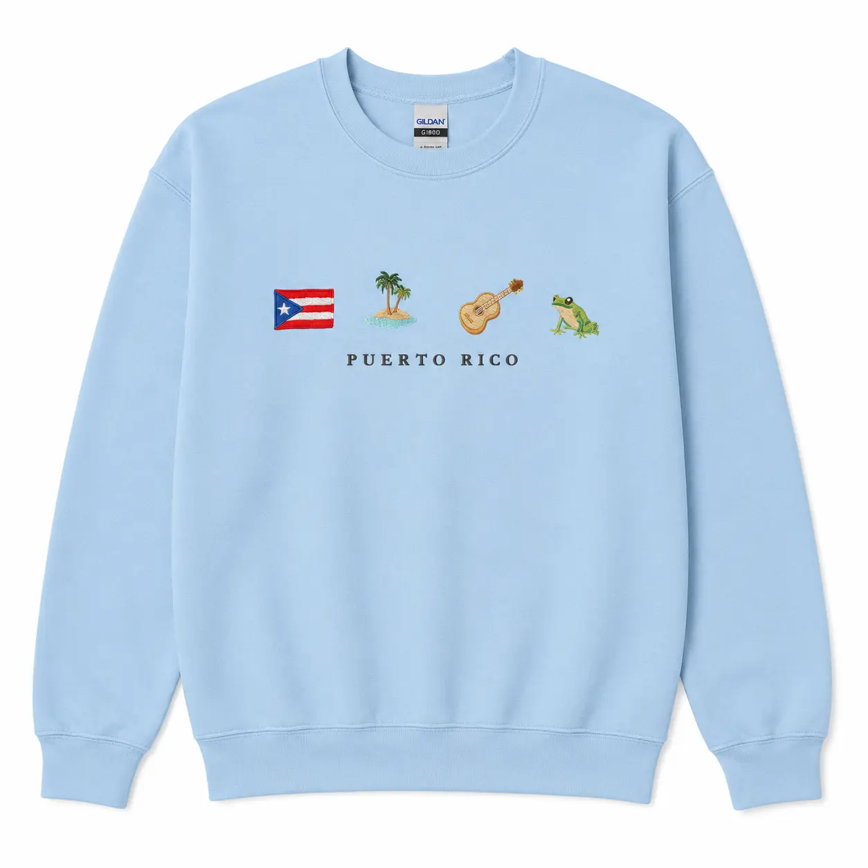 Puerto Rico Embroidery Sweatshirt, Flag, Coquí, Guitar, Island, Palm Tree, Ocean, Latin Salsa Music