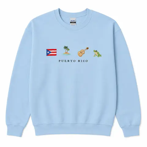 Puerto Rico Embroidery Sweatshirt, Flag, Coquí, Guitar, Island, Palm Tree, Ocean, Latin Salsa Music