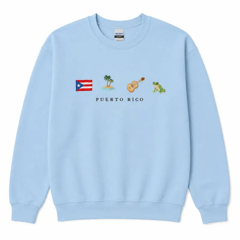 Puerto Rico Embroidery Sweatshirt, Flag, Coquí, Guitar, Island, Palm Tree, Ocean, Latin Salsa Music