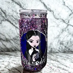 16oz Snowglobe Wednesday Cup with Glitter Design and Iconic Character Image for Unique Drinkware