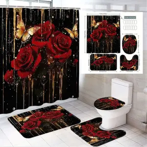 1/4pcs Valentine'S Day Black Shower Curtain Set with Red Roses Golden Butterflies & Drips - Matching Black Bath Mats Toilet Seat Cover Hooks for Romantic Bathroom Decor, Starry Dark Background Theme