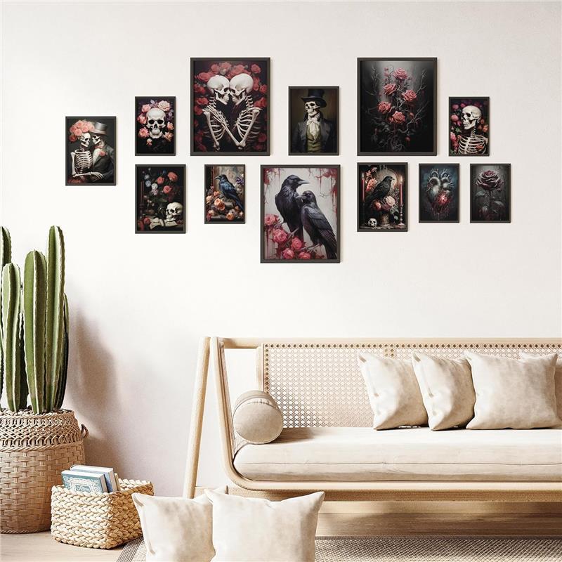 Romantic Gothic Wall Art - Goth Wall Decor, Floral Gothic Decor For Bedroom, Goth Wall Art Prints, Dark Raven Skull Poster, Moody Halloween Decor Aesthetic Picture for Home (8x10 Unframed)