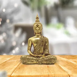 12"H Gold Thai Buddha in Meditation Statue Feng Shui Decoration Religious Figurine
