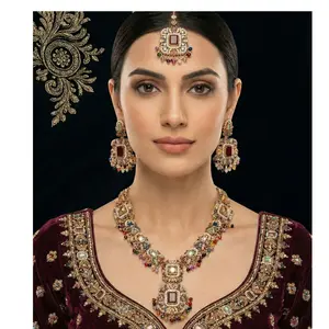 Nauratan Mala Necklace Set, Pakistani Bridal Jewelry, Multicolor Rani Haar With Earrings and Tikka