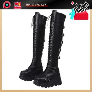 BlackFriday AOSPHIRAYLIAN Women's Thigh High Boots High Platform Ladies High Over The Knee Boots Fashion Lace-Up Buckle High Heels Motorcycle Riding Gothic Boots Round Toe Stretch Leather Boots Combat Long Boots AOSPHIRAYLIAN