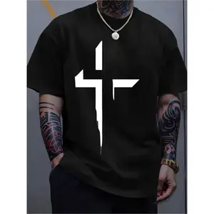 Men's Casual Black Cotton T-Shirt with Bold White Cross Print, Crew Neck, Slight Stretch, Regular Fit, Knit Fabric, 100%25 Cotton, Summer Casual Attire for Men