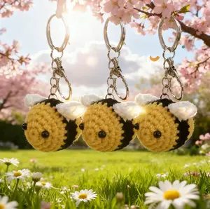 Cute Bee Keychain Set 3 Piece Gold Bee Charms Adorable Handmade Crochet Design Unique Gift for Women Girls Bag Charm