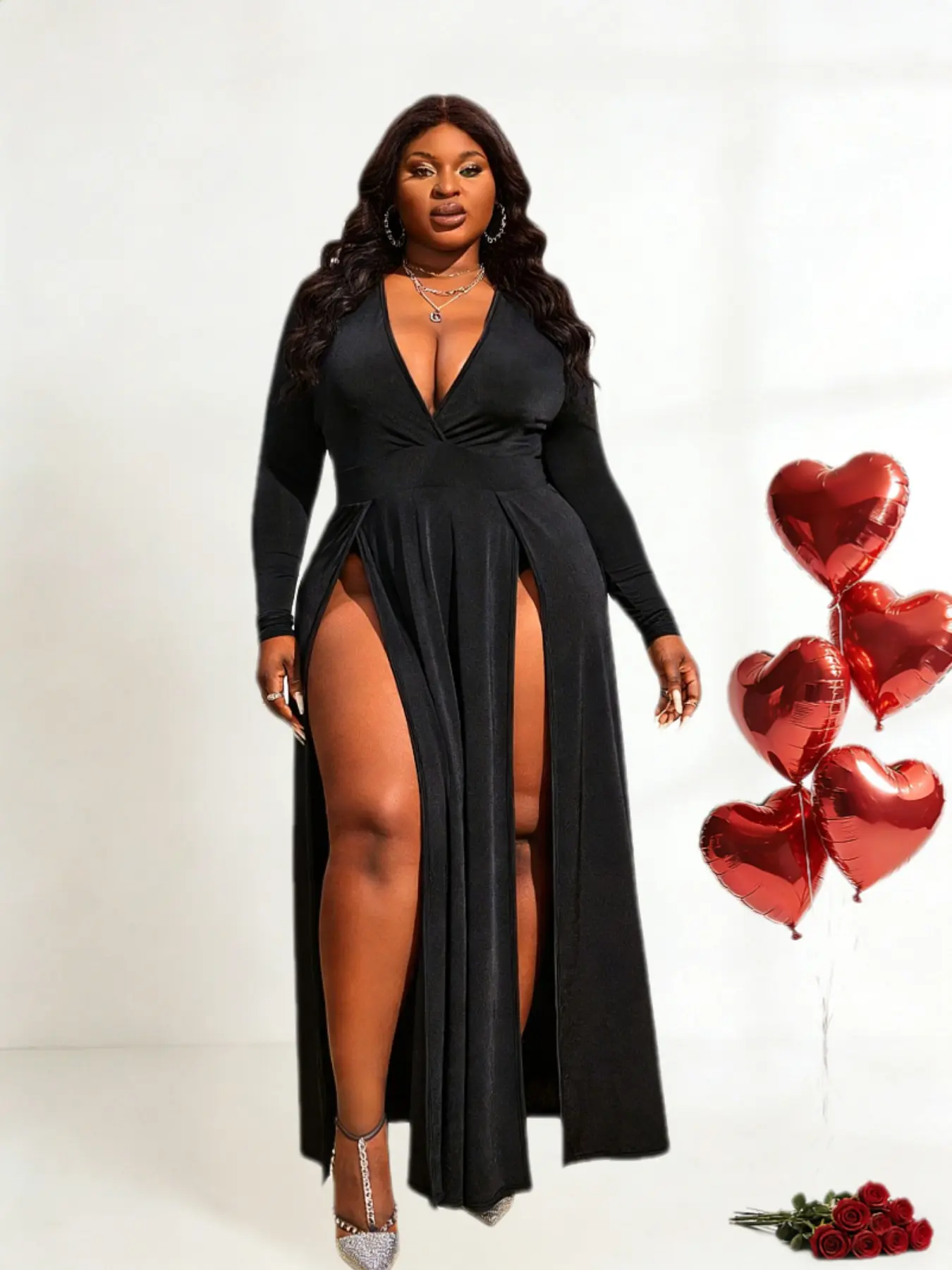 [Plus Size] Solid Color Split Thigh Chiffon Dress, Elegant Formal Dress, Chic Long Sleeve Dress for Party Holiday Wedding Guest, Evening Party Dresses, Lady Women's Clothes Womenswear for Fall & Winter