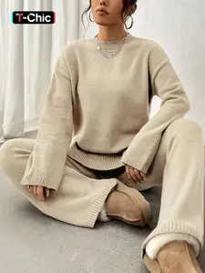 Women's Solid Crewneck Drop Shoulder Long Sleeve Split Hem Sweater & Elastic Waist Straight Leg Pants Two-piece Set, Casual Fashion Cozy Knitwear Set for Daily Outdoor Wear, Women Knitwear for Fall & Winter, Womenswear