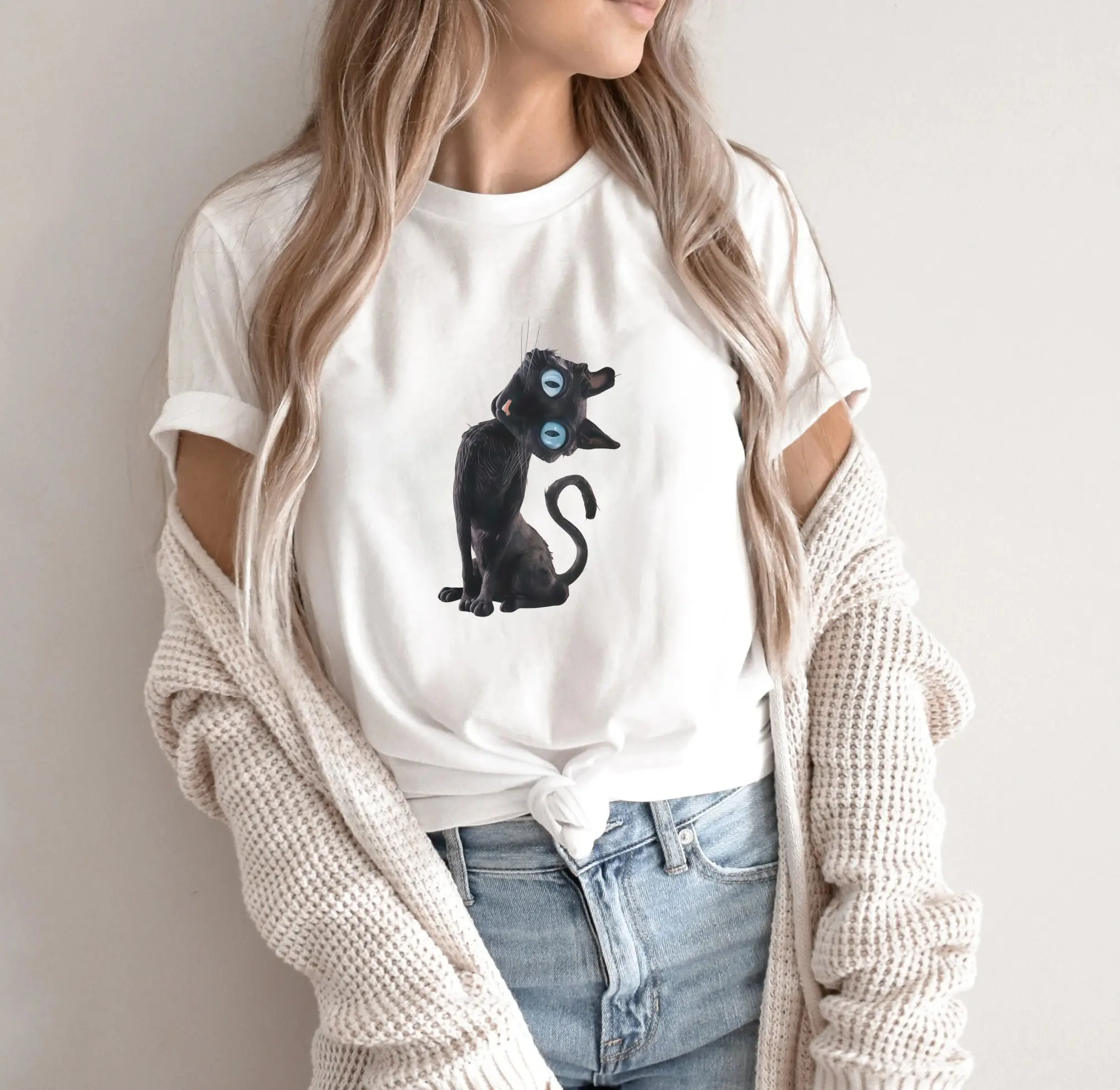 Coraline-Inspired Black Cat Tee Vintage Movie Shirt for Cat Lovers Crewneck Fabric