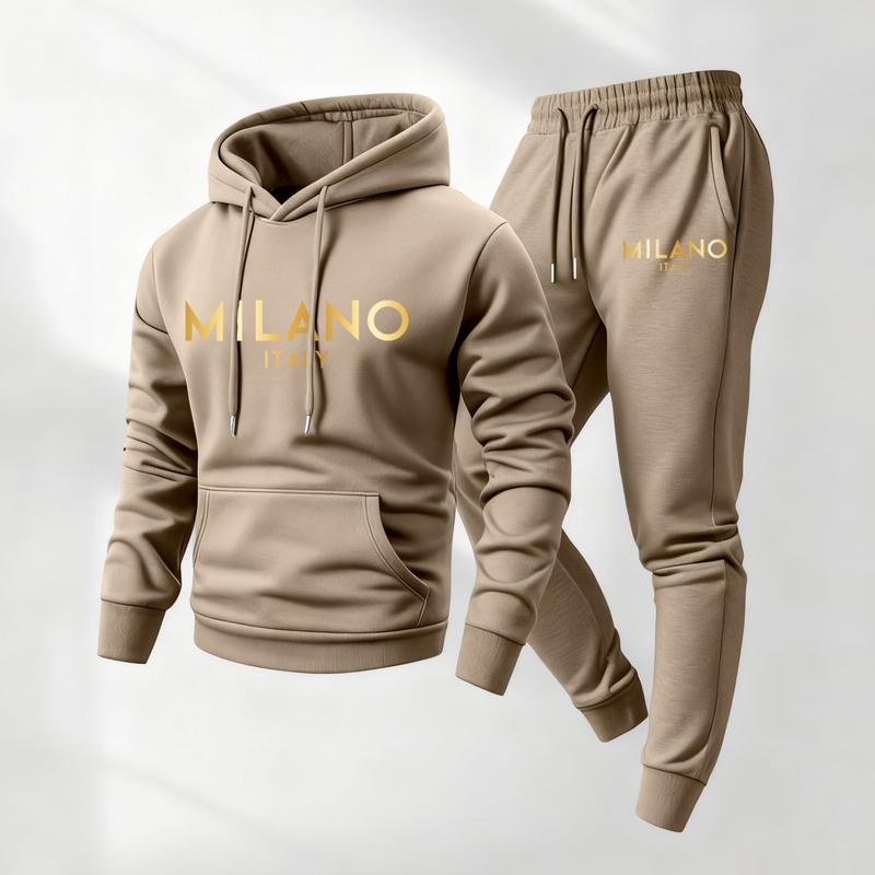 Men's Golden Milano Printed Hoodie and Drawstring Sweatpants Set, Menswear, Casual Athletic Long Sleeve Hooded Jacket & Trousers for Fall & Winter, Men's Clothing for Daily Wear, Sportswear Indoor Outdoor, Tracksuit, Athleisure Summer Clothes
