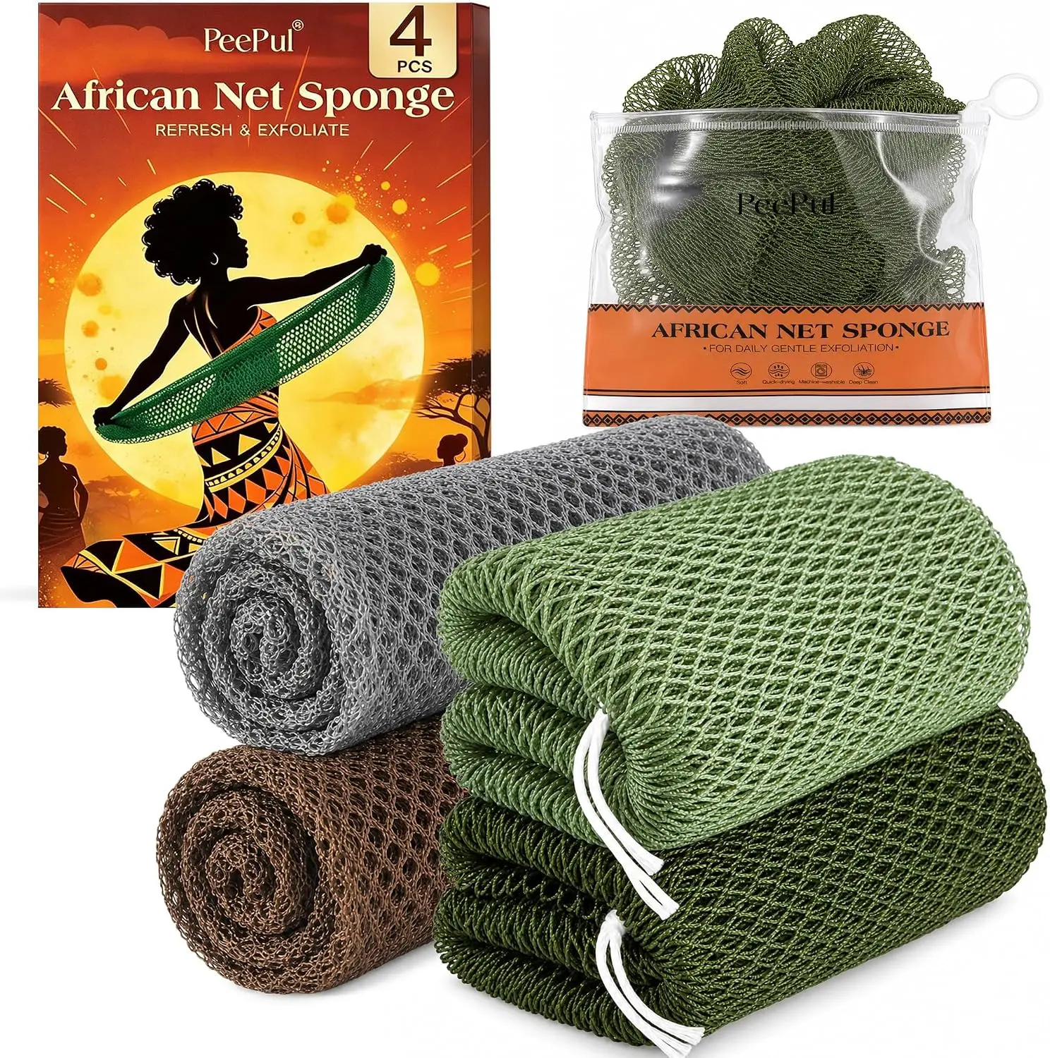 African Bathing Net Sponge 4pcs - 45-Inch Long Back Scrubber for Shower, Washable Nylon Stretchy Bathing Net Loofahs, Sponges, & Poufs (Beauty & Personal Care Bath Accessory for Men & Women), Stretchy Netting Loofahs, Sponges, & Poufs
