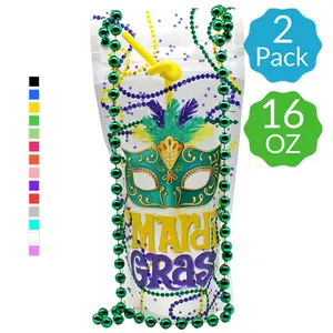 Mardi Gras NeckSip Wearable Drink Pouches (16oz / 2-pack / Beads or Lanyards) Free Your Hands! Perfect for Parties, Festivals, Vacations, Concerts, Picnics, Gifts, Beaches, BBQs, Tailgating. (USA Made / Fast Shipping)