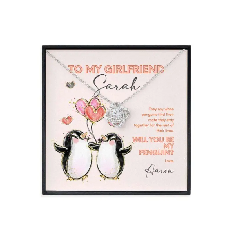 Girlfriend Necklace, Girlfriend Gift, Will You Be My Penguin Personalized Necklace, Cz Love Knot Necklace For Girlfriend, Message To My Daughter, Daughter Gift, Father Daughter Necklace, Christmas Gift, Birthday Gift