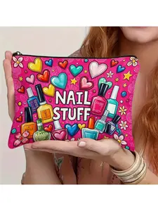 Colorful Nail Stuff Cosmetic Bag with Heart Patterns Fragrance-Free, Multi-Compartment Travel Organizer for Nail Polish, Brushes & Tools - Perfect Gift for Brides, Makeup Artists & Nail Techs, Nail Polish Organizer, Playful Design, Durable Zipper Closure