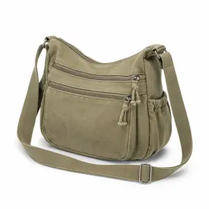 Women's Washed Canvas Crossbody Tote Bag - Vintage Multi-Pocket Shoulder Purse, Adjustable Wide Strap, Large Capacity Everyday Commuter Bag