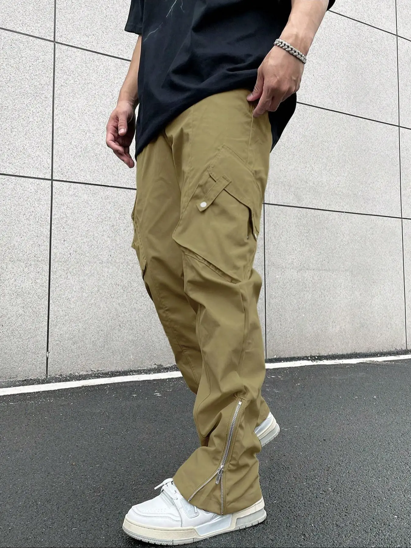 Men's Solid Zipper Pocket Cargo Pants, Street Casual Drawstring Waist Trousers for Daily Outdoor Wear, Men's Cargo Pants for Spring & Summer & Fall
