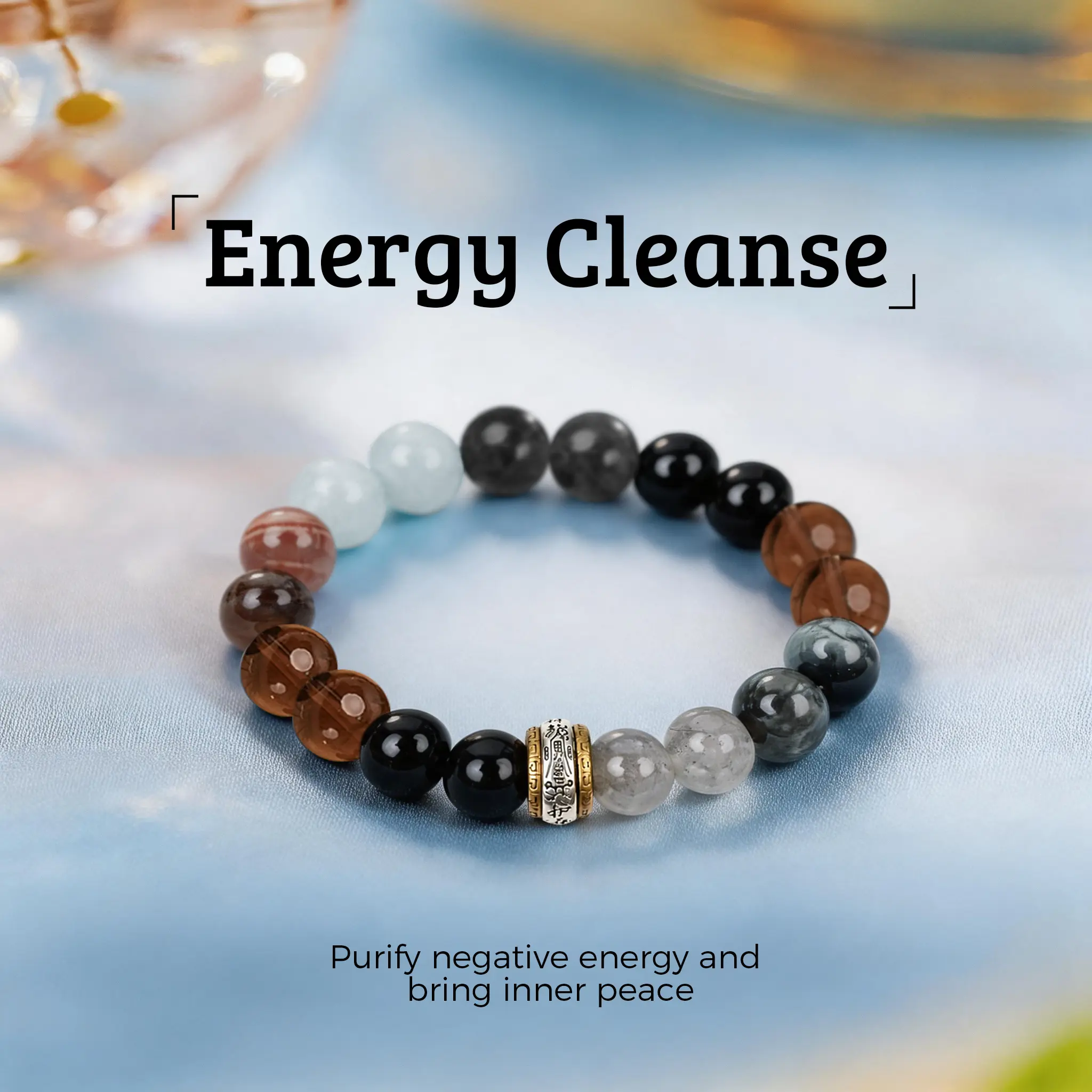 LUMAWU 10mm Water Element Energy Crystal Bracelet - Natural Aquamarine & Black Obsidian Protection Amulet, High-Quality Beaded Healing Gemstone Jewelry for Adults, Crystal Bracelets, High Quality Bracelet