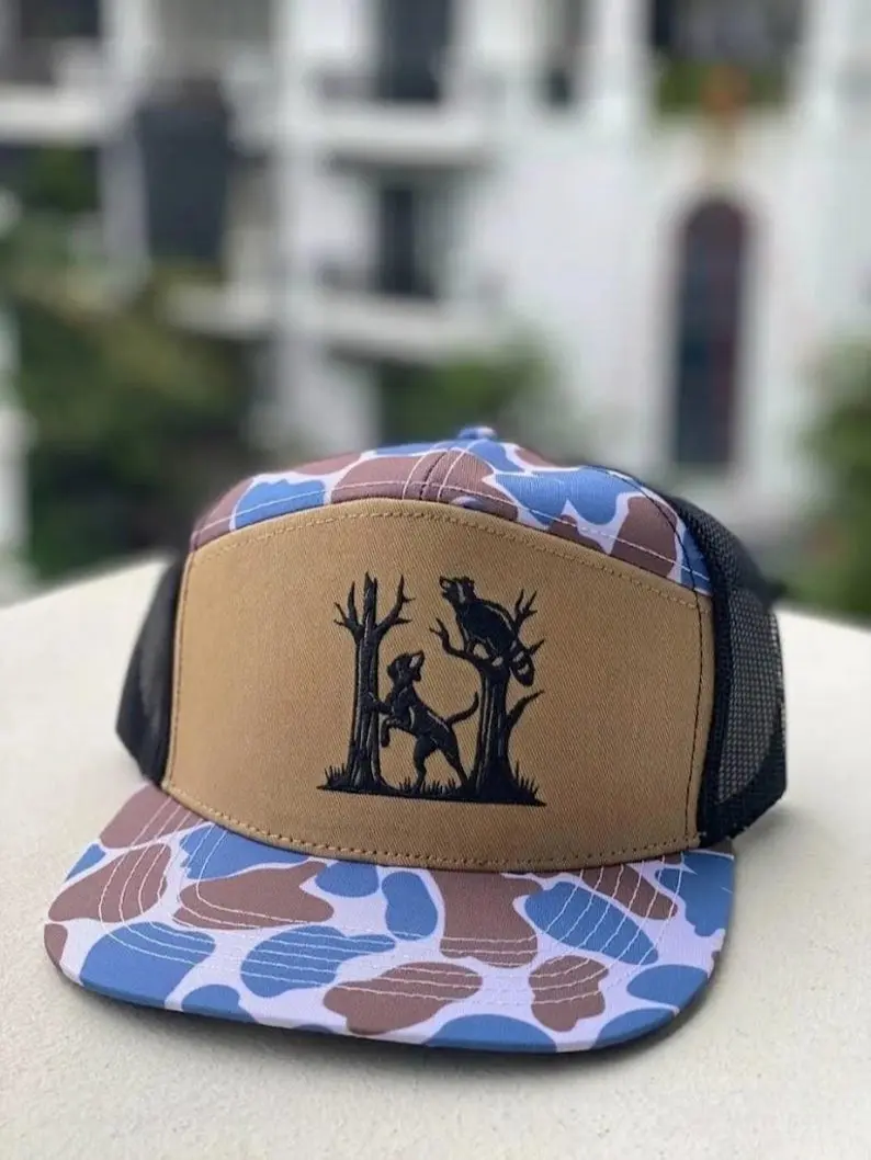 [ Best 2026 ] Coon Hunting Embroidered Trucker Hat, Hound Dog Treeing Raccoon Cap, Camo Brim Hunting Hat, Outdoor Hunter Gift for Men Cheyenne