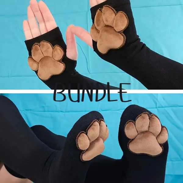 Black Thigh High Cat Paw Socks & Glove Set– Brown Plush Paw Pads