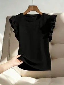 Knitted Round Neck Ruffle Sleeveless Top, Casual Loose-Fitting Design, Perfect for Daily Wear & Layering, Women's Basic Tee Shirts