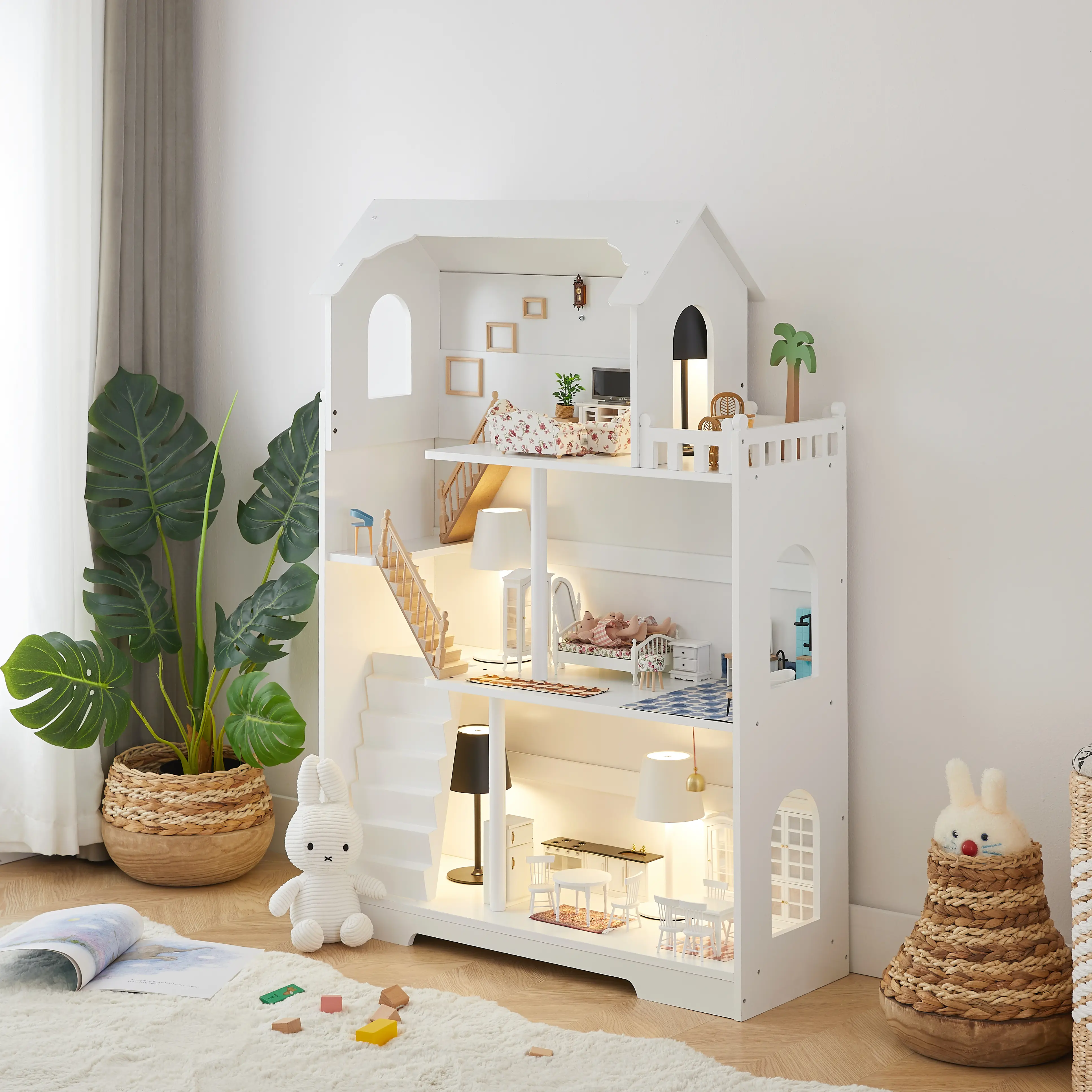 Montessori Wooden Dollhouse Bookshelf for Kids, 3-StoryChildrens Bookcase Storage Organizer, White Castle DisplayCabinet for Playroom Bedroom, CPC Certified