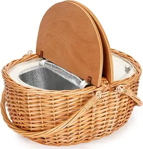 Vintage-Style Wicker Picnic Hamper with Cooler and Folding Woven Handle