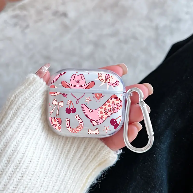 Pink Cowgirl Dream Pattern TPU Soft Protective Case for Apple AirPods 4/3/2/1/Pro/Pro2 Transparent Earphone Cover with Keychain Attachment