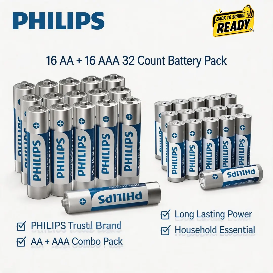 Philips AA AAA Batteries Combo Pack, 32 Count Alkaline Batteries, 16 AA & 16 AAA Battery Variety Pack, Household & Back to School Essentials, 10-Year Shelf Life, Long-Lasting Power, Leak-Proof Packaging Device Wireless Device Wireless  Smartphones Walkie
