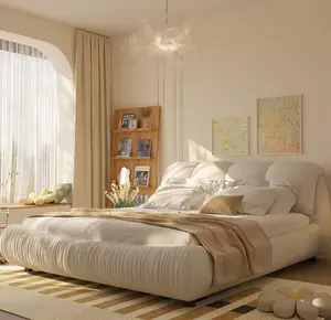 U.S. Standard Queen Size Upholstered Platform Bed - Oversized Padded Backrest, Solid Wood Frame for Bedroom, Apartment Room (Beige), Oversized Backrest