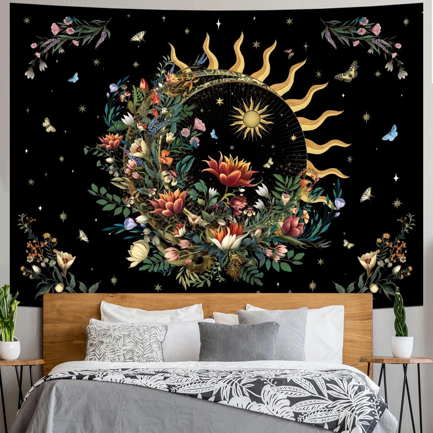 Racunbula Floral Plants Tapestry Sun and Moon Tapestry Retro Botanical Flowers Butterfly Tapestries Black Starry Sky Wall Poster Vintage Boho Aesthetic Tapestries Wall Hanging for Bedroom