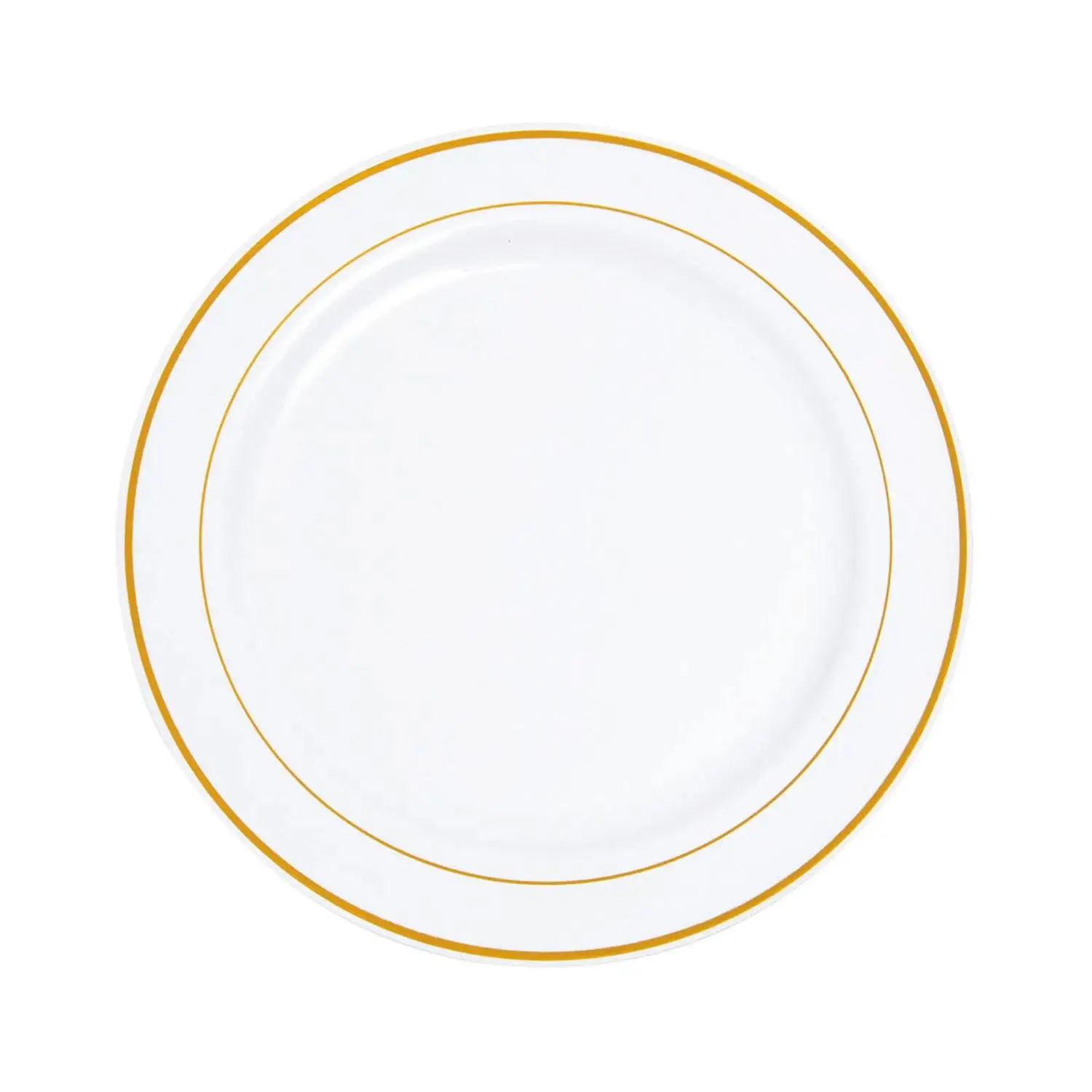 White Plastic Dinner Plates with Gold Trim - 25 Ct.