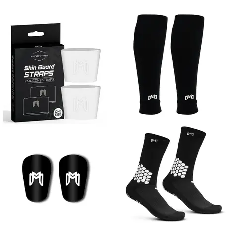 MediCaptain Premium Soccer Bundle - Soccer Grip Socks, Shin Guard Straps, Pre Cut Sleeves, and Mini Shin Guards (Black Pack with White Straps)