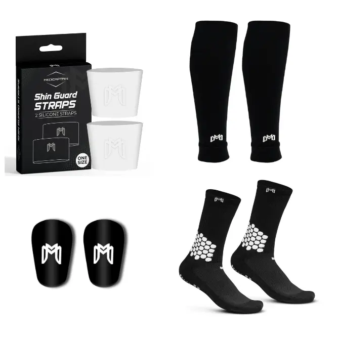 MediCaptain Premium Soccer Bundle - Soccer Grip Socks, Shin Guard Straps, Pre Cut Sleeves, and Mini Shin Guards (Black Pack with White Straps)