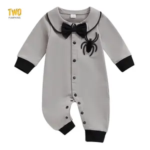 Baby Boy 2025Halloween Romper Spider Embroidered Bow Tie Long Sleeve Lapel Neck Button-up Fall Jumpsuits