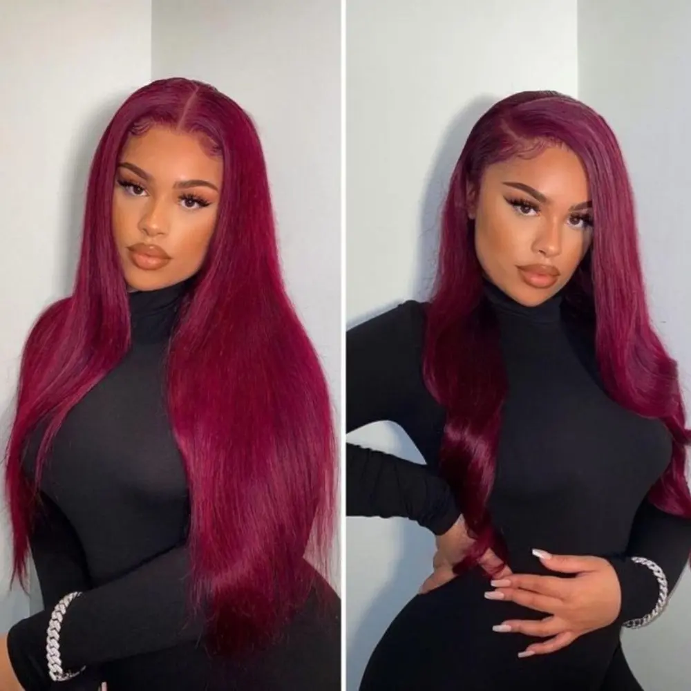 13x4 Straight 99J Red Color Burgundy Lace Front Wigs Glueless Synthetic Lace Front Wig with Baby Hair 200% Density Burgundy Long Straight Lace Front Wig for Daily Wear Party Use Heat Resistant Holiday Christmas Wig