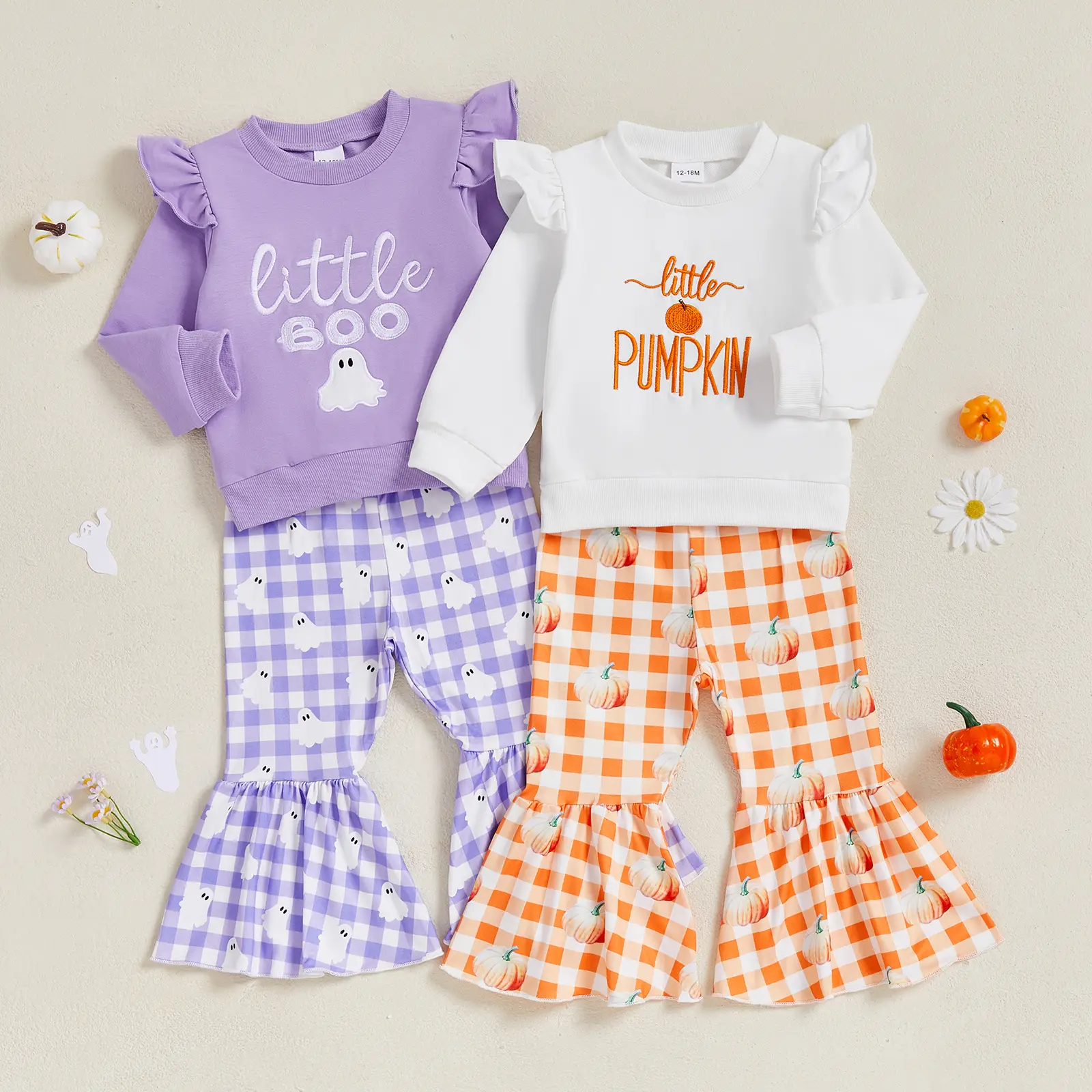 Baby Girl Halloween Outfits Long Sleeve Sweatshirt + Plaid Flare Pants Set Toddler Clothes