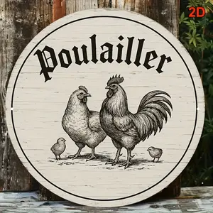 Vintage French Rooster Hen Chick Rustic Farmhouse Metal Sign Weather Resistant Wall Art Decor for Kitchen Backyard Chicken Coop