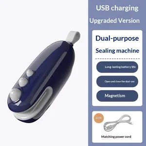 Portable sealing machine, suitable for sealing of snacks, coffee and pet food packaging, bag cutter, rechargeable, compact food storage sealing device. Stainless