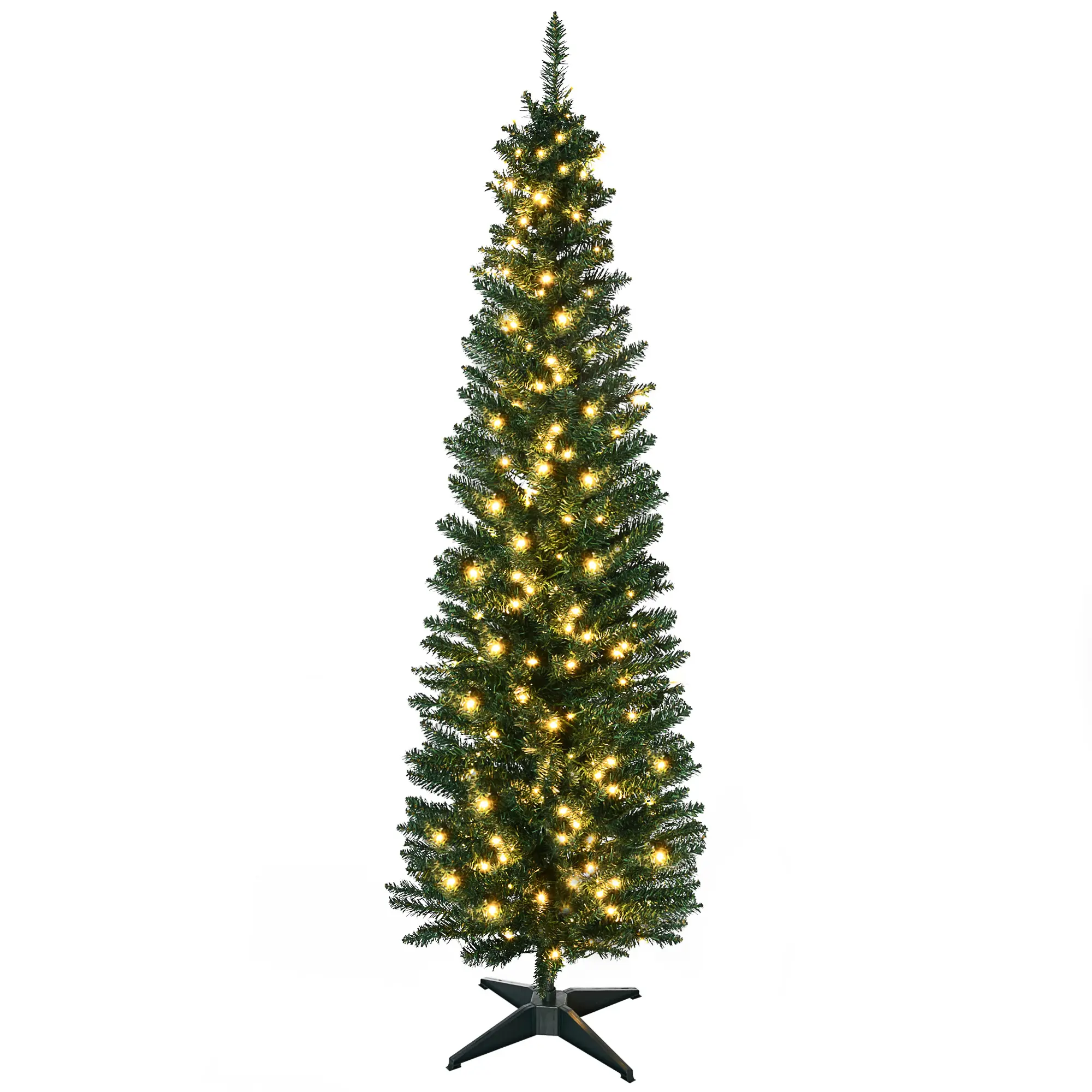 6' Tall Pre-Lit Slim Noble Fir Artificial Pencil Christmas Tree with 200 Warm White LED Lights and 390 Tips, for Christmas Decoration, Green