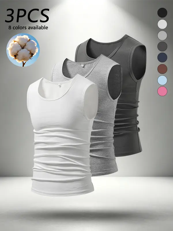 3-pack men’s basic undershirts, classic crew neck sleeveless base layer tops, soft, breathable, stretchy solid-color undershirts—versatile basics for fitness, casual wear, and everyday use, made from a soft, comfortable fabric.