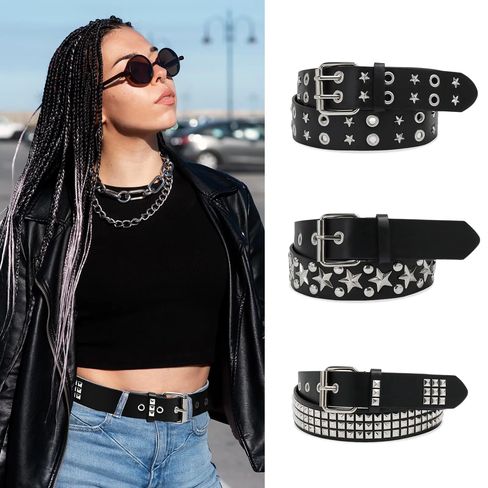 3Pcs Black Studded Belt Y2K Style Star Gothic Punk Rock Belts with Grommet Threads Bright Metal Pyramid for Women Men