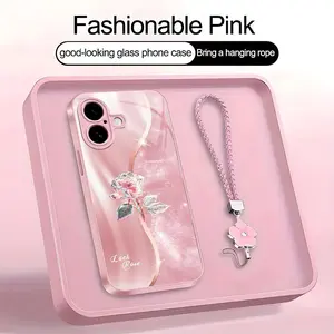 Suitable for [iPhone 16 Plus] high-end women's phone case🤩，a beautiful four-leaf clover lanyard is included🍀,high-quality crystal rose pattern with a sophisticated look, available in a variety of color YM99