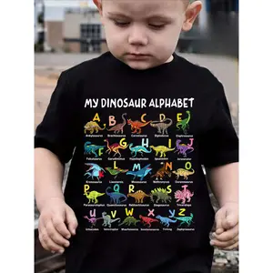 Summer New Stylish Boys' T-Shirt Featuring a Cartoon Dinosaur Print with The Words 'My DINOSAUR ALPHABET'.